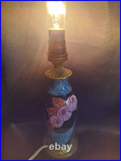 Elégant pied de lampe bleu ancien céramique et bronze décor fleur Art Déco rare