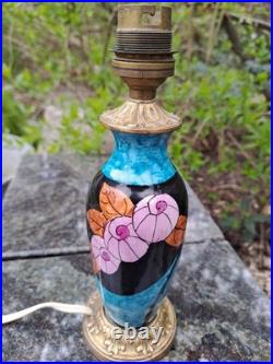 Elégant pied de lampe bleu ancien céramique et bronze décor fleur Art Déco rare