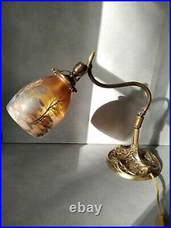 G. Leleu /daum Schneider Legras Lampe Art Nouveau Bronze Tulipe Decor Hivernal