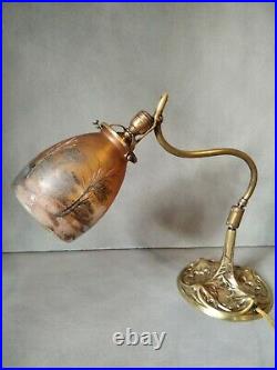 G. Leleu /daum Schneider Legras Lampe Art Nouveau Bronze Tulipe Decor Hivernal