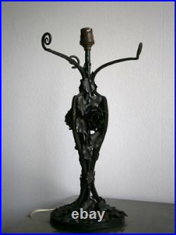 Grand Pied de lampe Art Déco Roses Fer forgé 1930 H. Chaine Luminaire Ancien