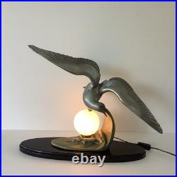 Grande 60cm Lampe Art Deco Régule Mouette Vague Globe Opalin France 1930