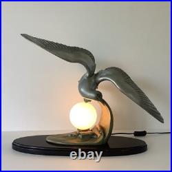Grande 60cm Lampe Art Deco Régule Mouette Vague Globe Opalin France 1930