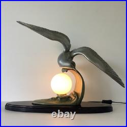 Grande 60cm Lampe Art Deco Régule Mouette Vague Globe Opalin France 1930