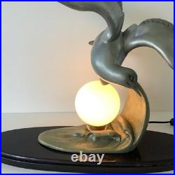 Grande 60cm Lampe Art Deco Régule Mouette Vague Globe Opalin France 1930