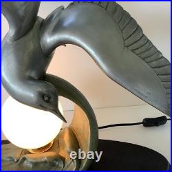 Grande 60cm Lampe Art Deco Régule Mouette Vague Globe Opalin France 1930 Grande 60cm Lampe Art Deco Régule Mouette Vague Globe Opalin France 1930