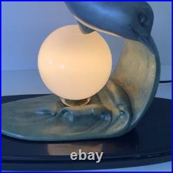 Grande 60cm Lampe Art Deco Régule Mouette Vague Globe Opalin France 1930