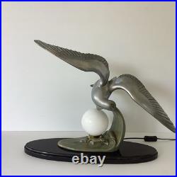 Grande 60cm Lampe Art Deco Régule Mouette Vague Globe Opalin France 1930