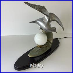 Grande 60cm Lampe Art Deco Régule Mouette Vague Globe Opalin France 1930
