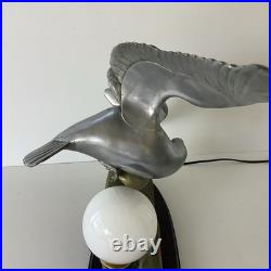Grande 60cm Lampe Art Deco Régule Mouette Vague Globe Opalin France 1930