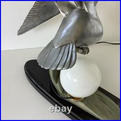 Grande 60cm Lampe Art Deco Régule Mouette Vague Globe Opalin France 1930
