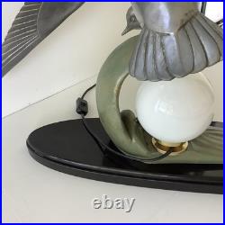 Grande 60cm Lampe Art Deco Régule Mouette Vague Globe Opalin France 1930