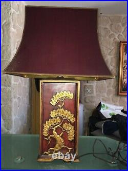 Grande Lampe Japonisante Art Deco Pagode Rouge Et Or Ceramique Polychrome