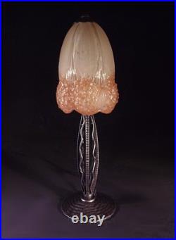 Hettier & Vincent Et Muller Frès Lampe Art Déco Fer Forgé & Tulipe Signée 1930