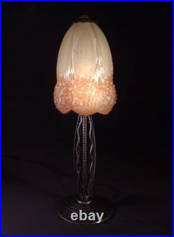 Hettier & Vincent Et Muller Frès Lampe Art Déco Fer Forgé & Tulipe Signée 1930