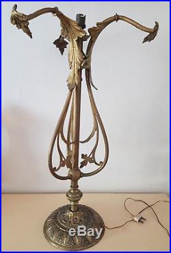 Immense Pieds De Lampe Laiton Et Bronze Pour Vasque Pate De Verre Circa 1900