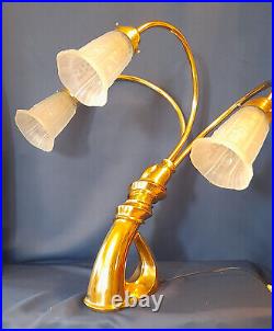 Importante lampe 1970 en bronze doré jansen 3 tulipes art deco signé MEYNADIER