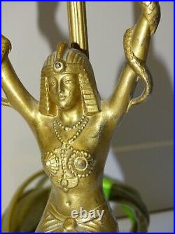 JOLI PIED de LAMPE ART DECO DEESSE EGYPTIENNE avec 2 Serpents REGULE doré marbre
