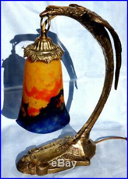 Jolie lampe aigle en bronze tulipe MULLER, modèle Ranc, era daum galle 1900