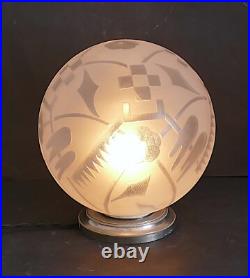 LAMPE ART DÉCO BRONZE NICKELÉ & GLOBE verre gravé à l'acide Deveau Era Muller