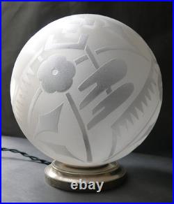 LAMPE ART DÉCO Globe verre gravé à l'acide oiseaux fleurs Deveau Era Muller