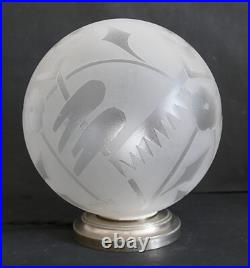 LAMPE ART DÉCO Globe verre gravé à l'acide oiseaux fleurs Deveau Era Muller