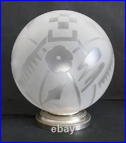 LAMPE ART DÉCO Globe verre gravé à l'acide oiseaux fleurs Deveau Era Muller