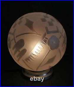 LAMPE ART DÉCO Globe verre gravé à l'acide oiseaux fleurs Deveau Era Muller