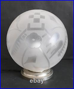 LAMPE ART DÉCO Globe verre gravé à l'acide oiseaux fleurs Deveau Era Muller