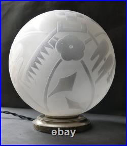 LAMPE ART DÉCO Globe verre gravé à l'acide oiseaux fleurs Deveau Era Muller