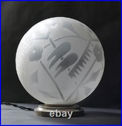 LAMPE ART DÉCO Globe verre gravé à l'acide oiseaux fleurs Deveau Era Muller