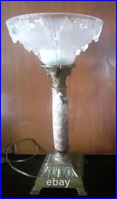 LAMPE COLONNE 1930 CHAPITEAU CORINTHIEN MARBRE VEINé ART DECO SIGNE EZAN BRONZE