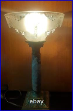 LAMPE COLONNE 1930 CHAPITEAU CORINTHIEN MARBRE VEINé ART DECO SIGNE EZAN BRONZE