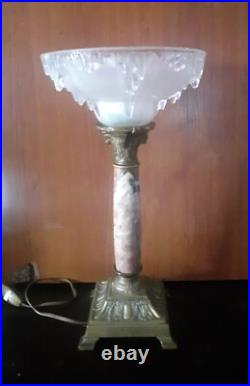 LAMPE COLONNE 1930 CHAPITEAU CORINTHIEN MARBRE VEINé ART DECO SIGNE EZAN BRONZE