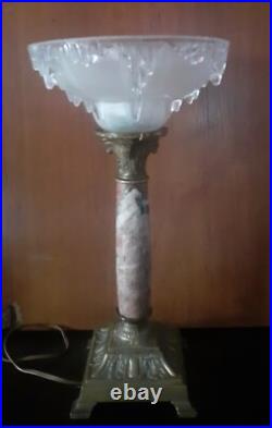 LAMPE COLONNE 1930 CHAPITEAU CORINTHIEN MARBRE VEINé ART DECO SIGNE EZAN BRONZE