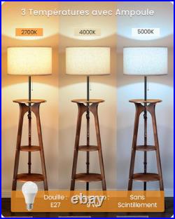 Lampadaire Trépied En Bois Avec Tablette, Lampe Sur Pied Avec 3 Étagères De Rang