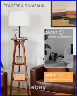 Lampadaire Trépied En Bois Avec Tablette, Lampe Sur Pied Avec 3 Étagères De Rang