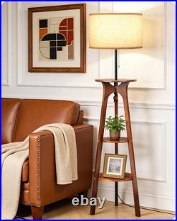 Lampadaire Trépied En Bois Avec Tablette, Lampe Sur Pied Avec 3 Étagères De Rang