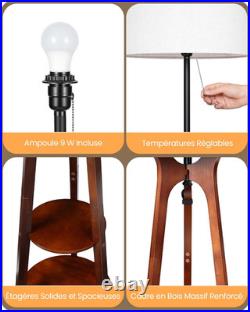 Lampadaire Trépied En Bois Avec Tablette, Lampe Sur Pied Avec 3 Étagères De Rang