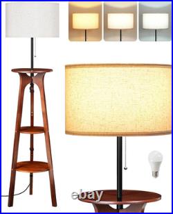Lampadaire Trépied En Bois Avec Tablette, Lampe Sur Pied Avec 3 Étagères De Rang