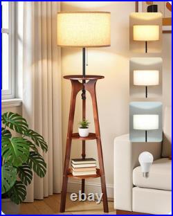 Lampadaire Trépied En Bois Avec Tablette, Lampe Sur Pied Avec 3 Étagères De Rang