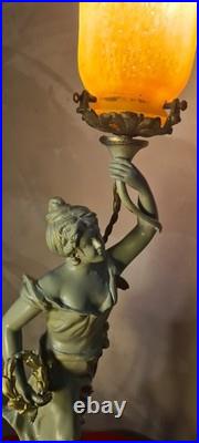 Lampe 1900 laiton avec tulipe pate de verre signée tief, 56x15