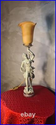 Lampe 1900 laiton avec tulipe pate de verre signée tief, 56x15