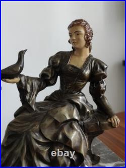 Lampe ART DECO Femme a L'oiseau en Régule sur Marbre Gris Veilleuse 1920/30