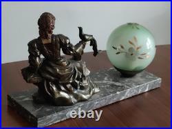 Lampe ART DECO Femme a L'oiseau en Régule sur Marbre Gris Veilleuse 1920/30
