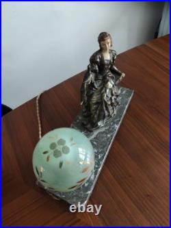 Lampe ART DECO Femme a L'oiseau en Régule sur Marbre Gris Veilleuse 1920/30