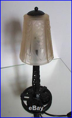 Lampe ART DECO Muller Frères Lunéville pied fer forgé 1930 Tulipe verre pressé