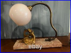 Lampe A Poser En Régule Doré Et Base Marbre Rose, Colombine Art Déco