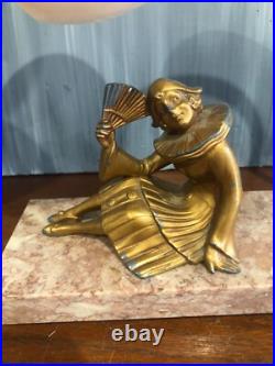 Lampe A Poser En Régule Doré Et Base Marbre Rose, Colombine Art Déco