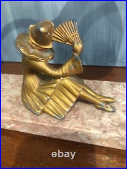 Lampe A Poser En Régule Doré Et Base Marbre Rose, Colombine Art Déco